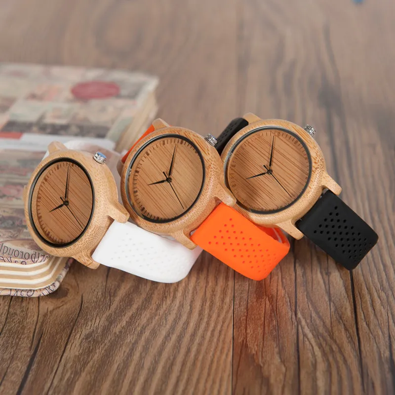 Women's Bamboo Watches With Colorful Silicone Straps - Black,Orange,Black