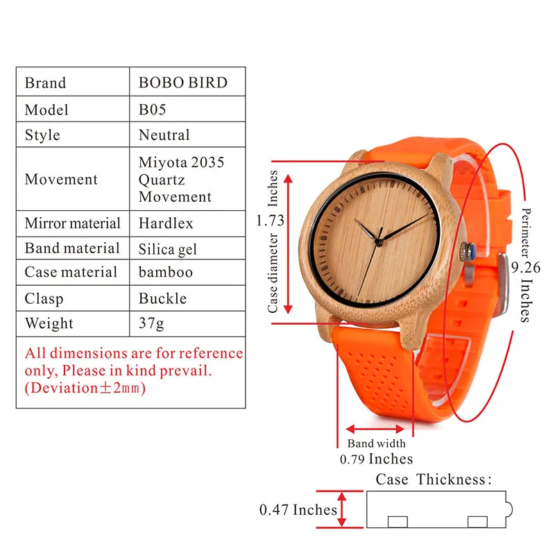 Women's Bamboo Watches With Colorful Silicone Straps - Black,Orange,Black