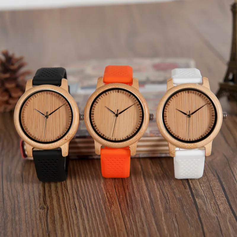 Women's Bamboo Watches With Colorful Silicone Straps - Black,Orange,Black