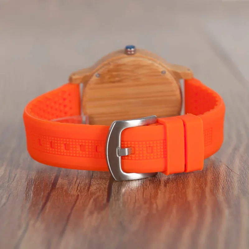 Women's Bamboo Watches With Colorful Silicone Straps - Black,Orange,Black