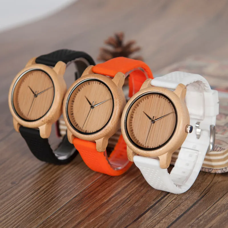 Women's Bamboo Watches With Colorful Silicone Straps - Black,Orange,Black