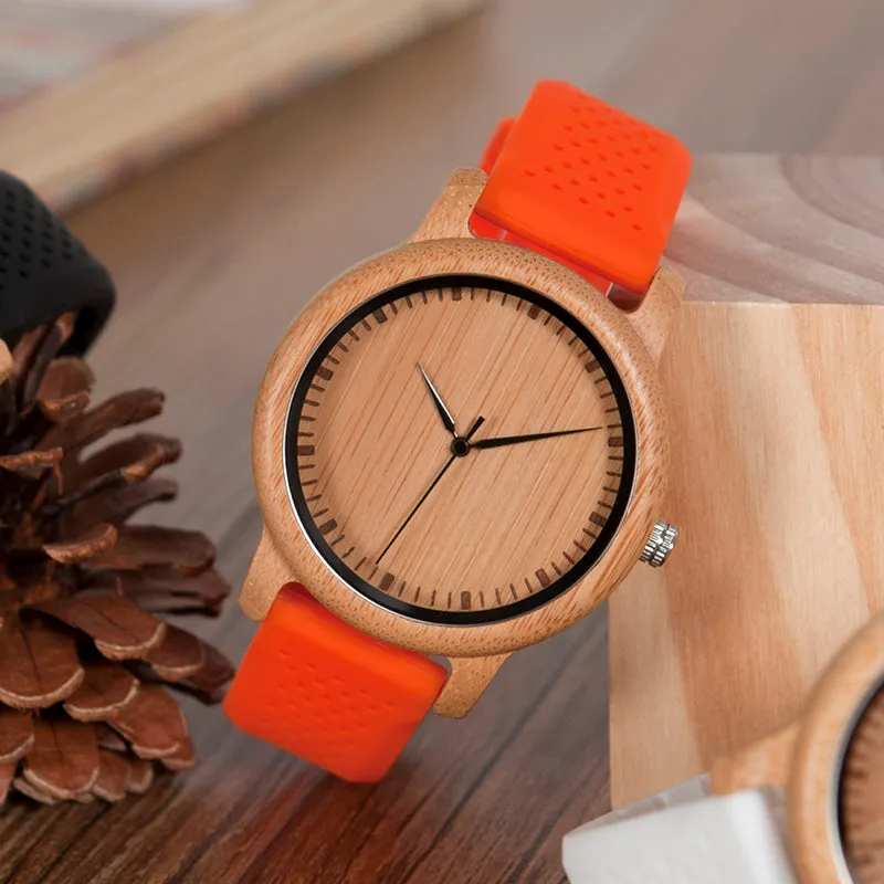 Women's Bamboo Watches With Colorful Silicone Straps - Black,Orange,Black