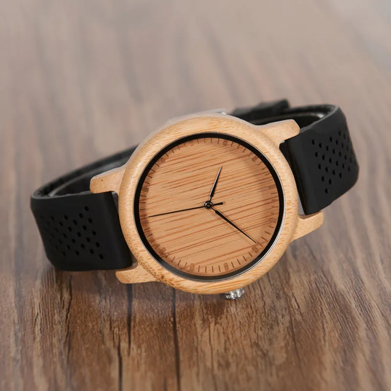 Women's Bamboo Watches With Colorful Silicone Straps - Black,Orange,Black