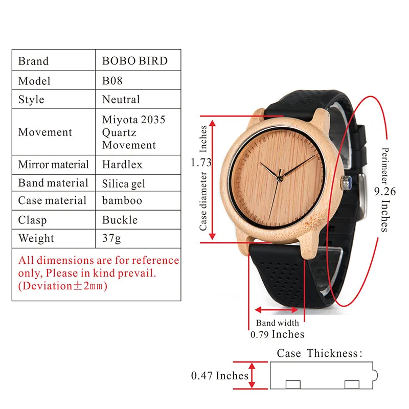 Women's Bamboo Watches With Colorful Silicone Straps - Black,Orange,Black