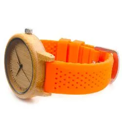 Women's Bamboo Watches With Colorful Silicone Straps - Black,Orange,Black
