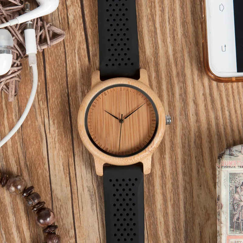 Women's Bamboo Watches With Colorful Silicone Straps - Black,Orange,Black