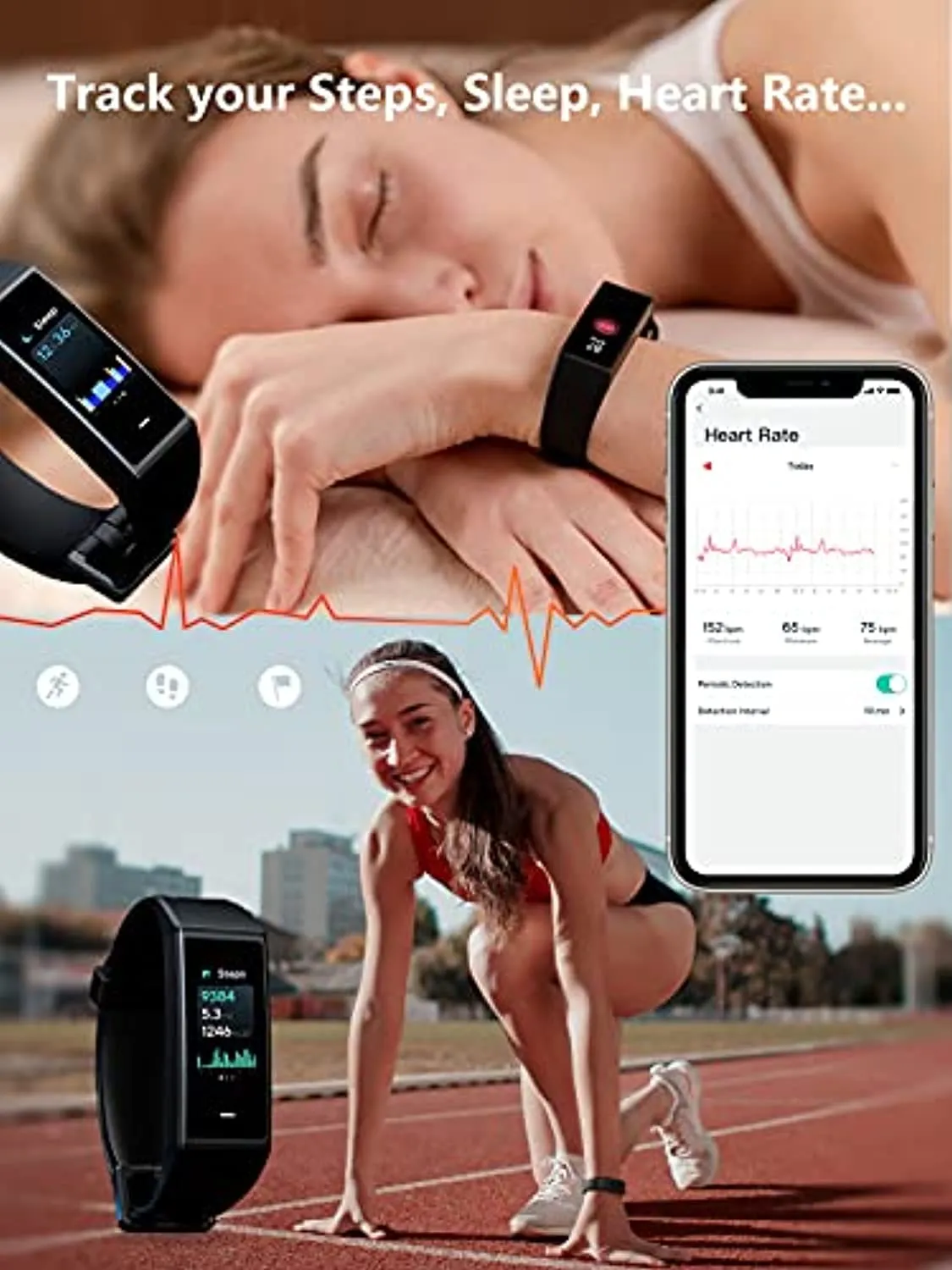 WYZE Band Fitness Tracker with Alexa Built-in, Activity Tracker Watch with Heart Rate Monitor, Smart Fitness Band with Step Counter, Calorie Counter, Pedometer Water Resistant, Black