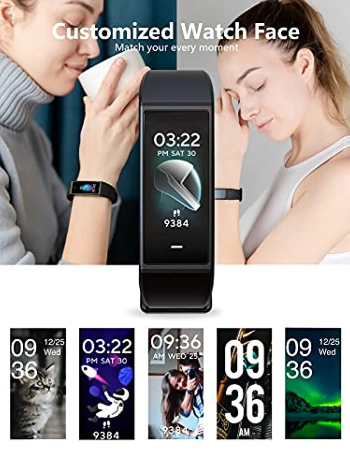 WYZE Band Fitness Tracker with Alexa Built-in, Activity Tracker Watch with Heart Rate Monitor, Smart Fitness Band with Step Counter, Calorie Counter, Pedometer Water Resistant, Black