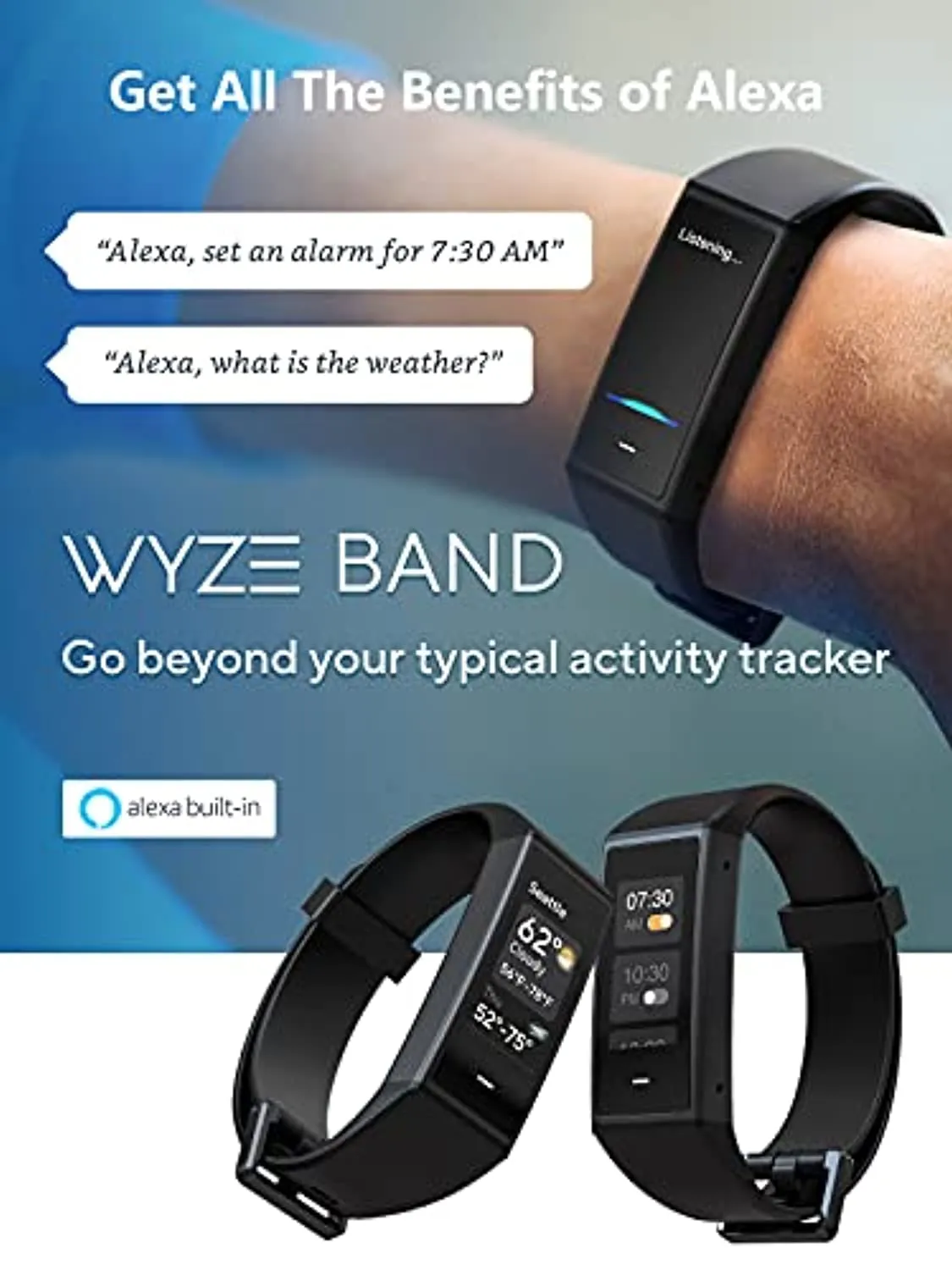 WYZE Band Fitness Tracker with Alexa Built-in, Activity Tracker Watch with Heart Rate Monitor, Smart Fitness Band with Step Counter, Calorie Counter, Pedometer Water Resistant, Black